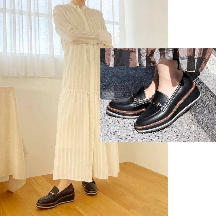 【SALE】イーボル ローファー パンプス アーモンドトゥ  ヒール5cm ローヒール プラットフォーム ビット レザー エナメル EVOL 厚底 9636