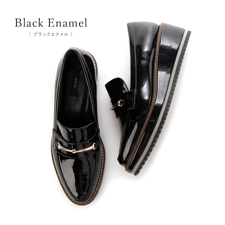 【SALE】イーボル ローファー パンプス アーモンドトゥ  ヒール5cm ローヒール プラットフォーム ビット レザー エナメル EVOL 厚底 9636