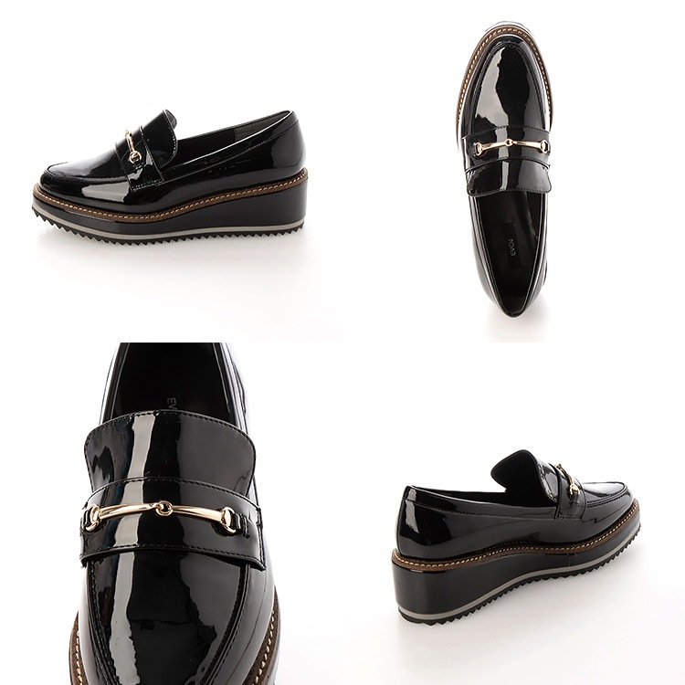 【SALE】イーボル ローファー パンプス アーモンドトゥ  ヒール5cm ローヒール プラットフォーム ビット レザー エナメル EVOL 厚底 9636