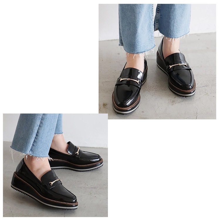 【SALE】イーボル ローファー パンプス アーモンドトゥ  ヒール5cm ローヒール プラットフォーム ビット レザー エナメル EVOL 厚底 9636