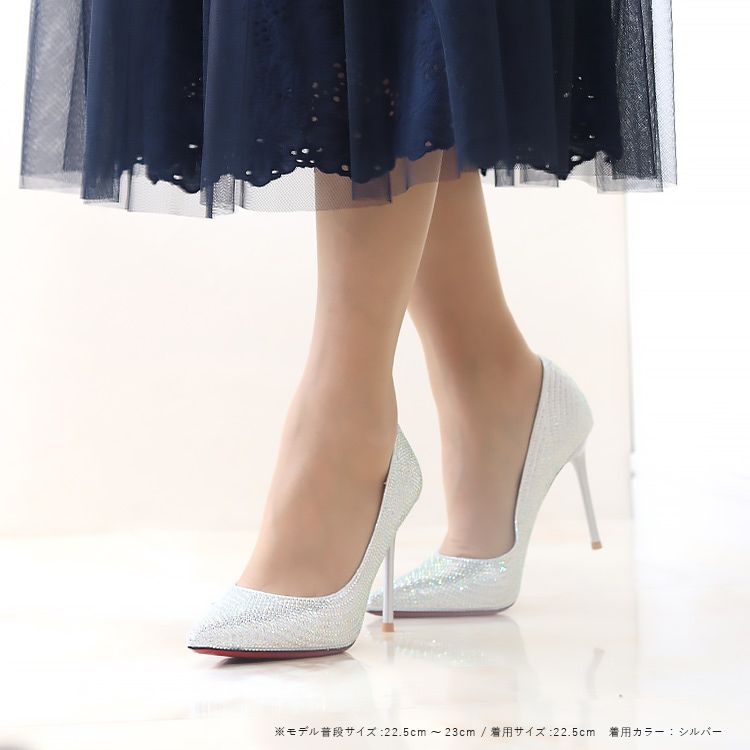 パンプス ヒール9cm 極細ピンヒール ラメ ラインストーン ポインテッドトゥ ハイヒール プラチナドゥ 2920a