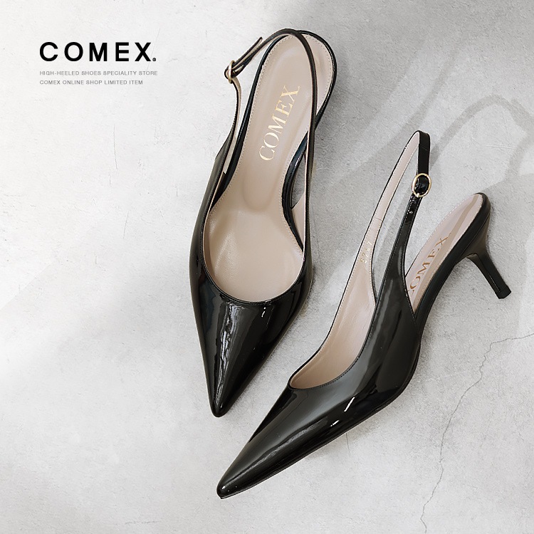 COMEX パンプス 6cmヒール 本革 日本製 ローヒール 2026新作 ポインテッドトゥ バックベルト ピンヒール エナメル コメックス 5747