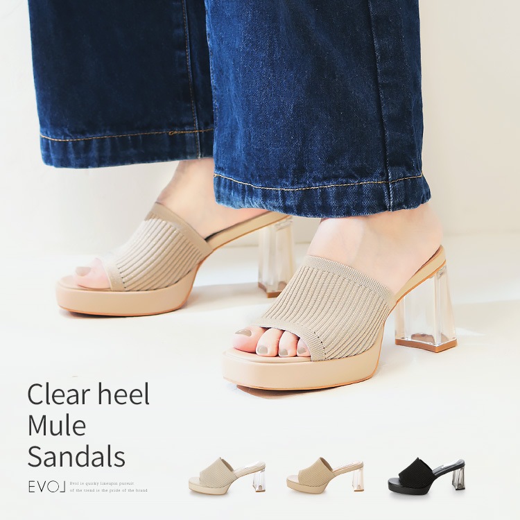 イーボル ミュール サンダル クリアヒール ニット スクエアトゥ  ハイヒール ヒール8cm EVOL 5120 