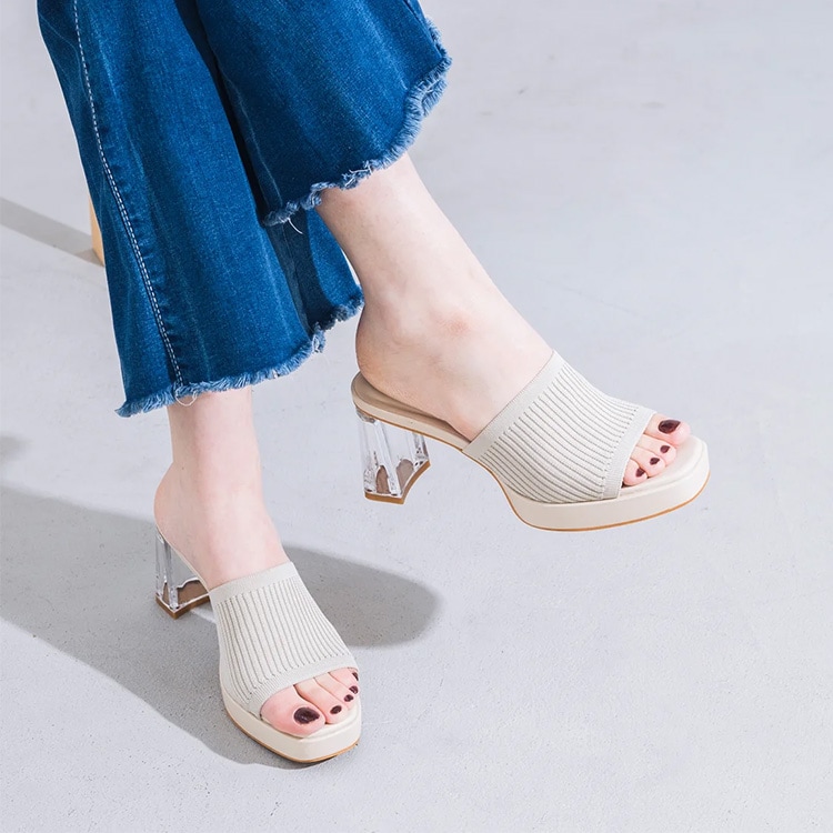 イーボル ミュール サンダル クリアヒール ニット スクエアトゥ  ハイヒール ヒール8cm EVOL 5120 