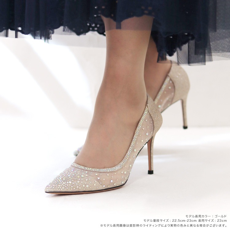 パンプス ハイヒール 8cm ピンヒールポインテッドトゥ ラメ ラインストーン 803