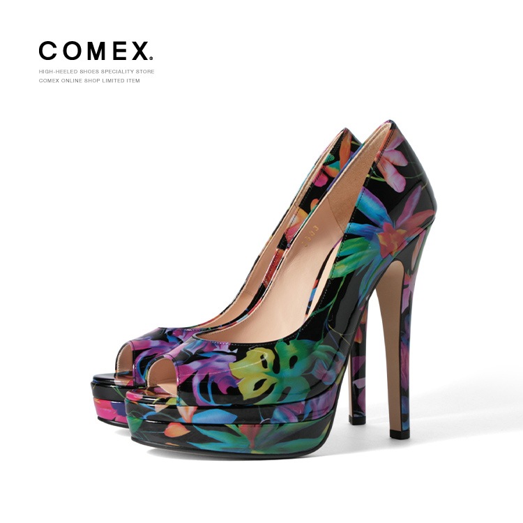 訳あり アウトレット 22cm コメックス パンプス ハイヒール オープントゥ フラワー エナメル 厚底 ブラック 5503