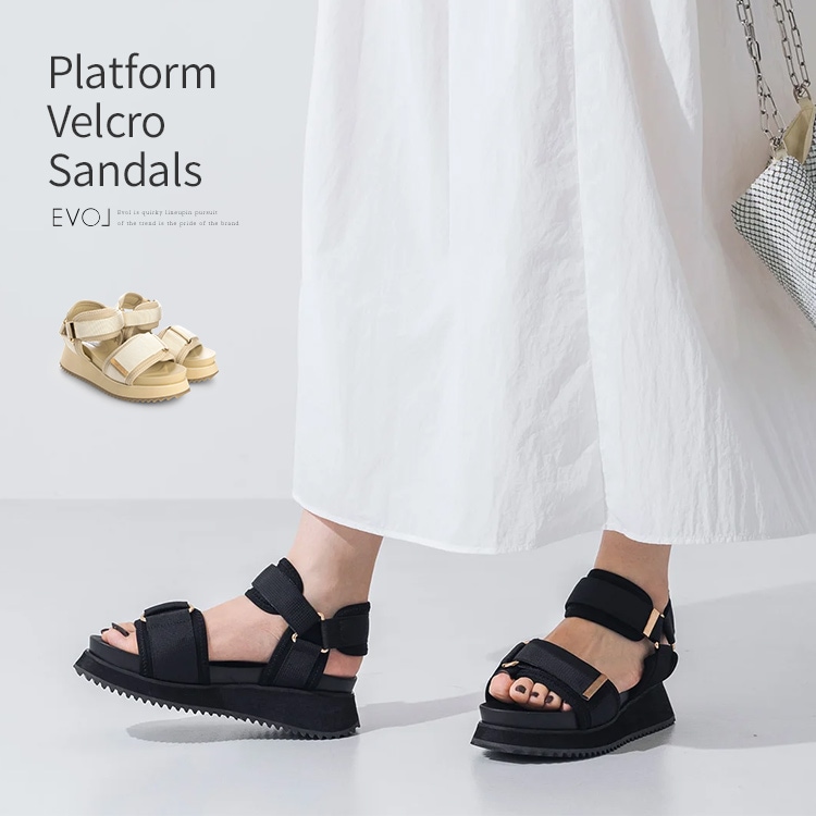 【SALE】サンダル ストラップ ベルクロ 厚底 フラット  5cmヒールアップ スポサン イーボル 5030