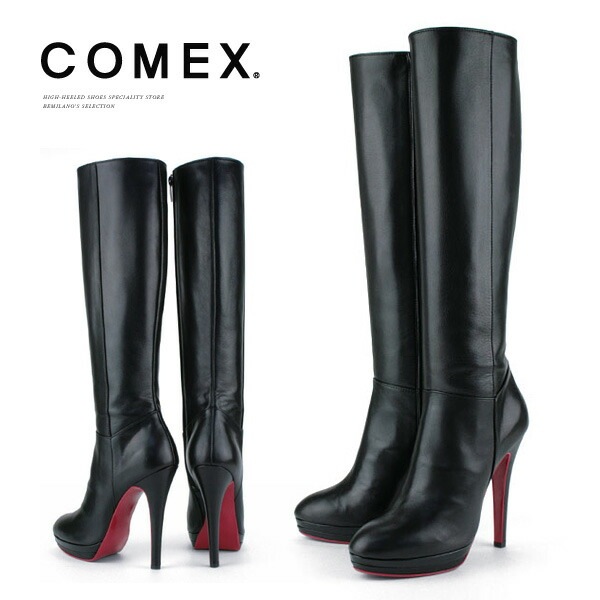 コメックス ロングブーツ ラウンドトゥ ピンヒール 13cm 厚底 ブラック×レッド COMEX レディース プラットフォーム (7092) 靴 【送料無料】