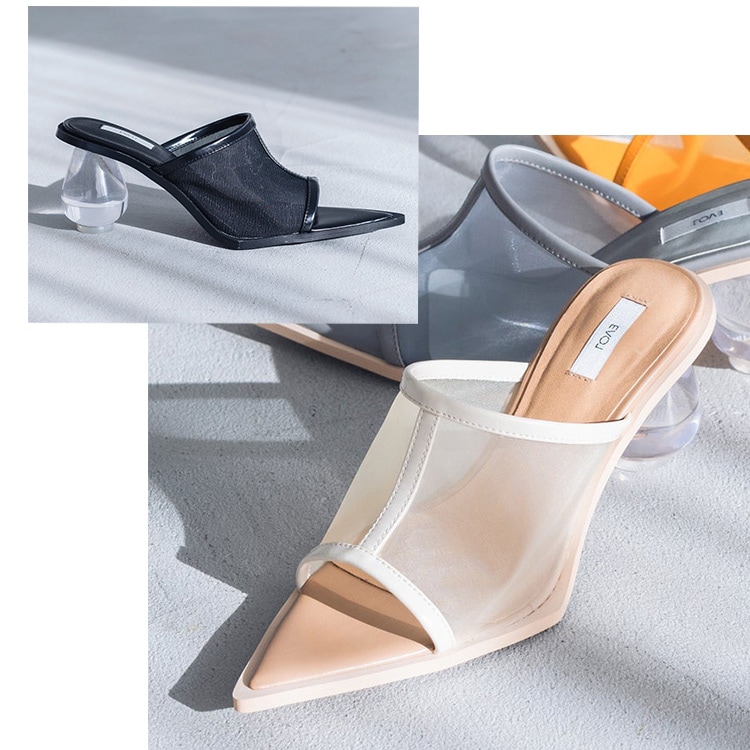 【アウトレット】【SALE】 イーボル ミュール サンダル クリアヒール チュール ハイヒール オープントゥ EVOL ヒール8cm 23530