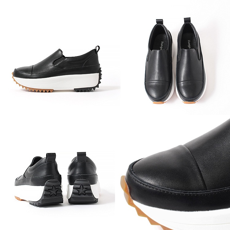 レザー スリッポン 本革 軽量 厚底 ローヒール フラット プラットフォーム スニーカー 508107