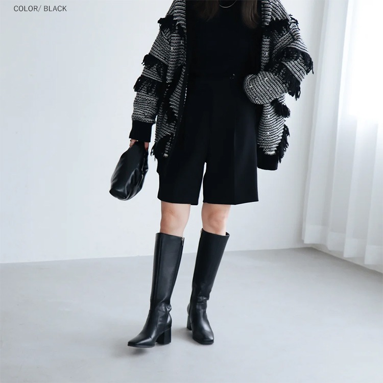 ロングブーツ  6cmヒール スクエアトゥ ローヒール 太ヒール ブラック ブラウン 5200