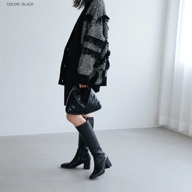 ロングブーツ  6cmヒール スクエアトゥ ローヒール 太ヒール ブラック ブラウン 5200