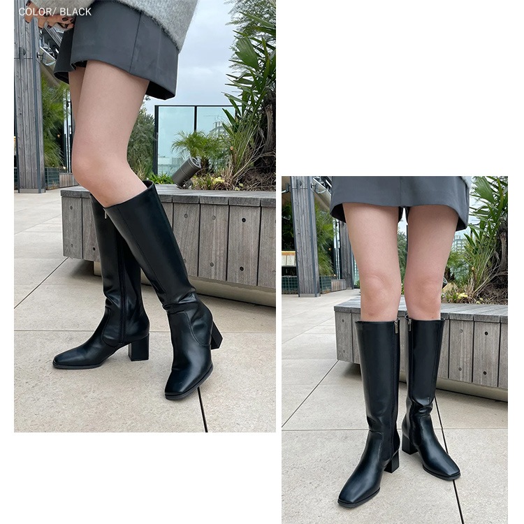 ロングブーツ  6cmヒール スクエアトゥ ローヒール 太ヒール ブラック ブラウン 5200