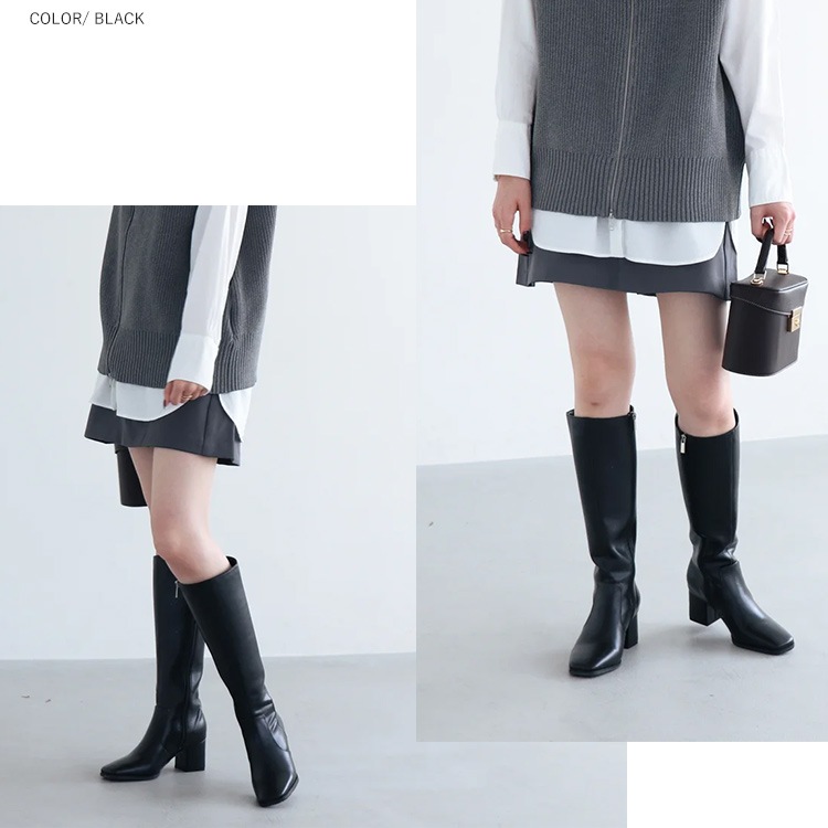 ロングブーツ  6cmヒール スクエアトゥ ローヒール 太ヒール ブラック ブラウン 5200