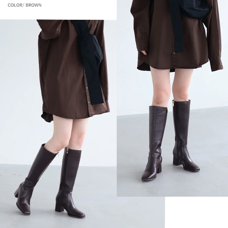 ロングブーツ  6cmヒール スクエアトゥ ローヒール 太ヒール ブラック ブラウン 5200