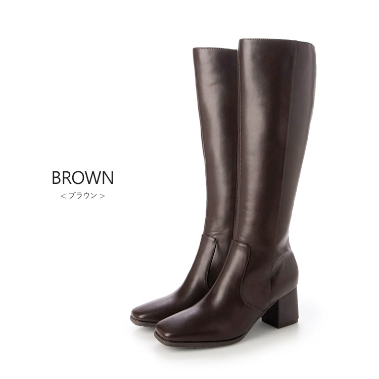 ロングブーツ  6cmヒール スクエアトゥ ローヒール 太ヒール ブラック ブラウン 5200