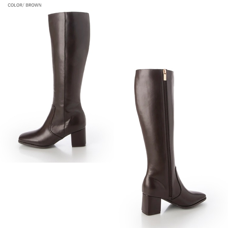 ロングブーツ  6cmヒール スクエアトゥ ローヒール 太ヒール ブラック ブラウン 5200