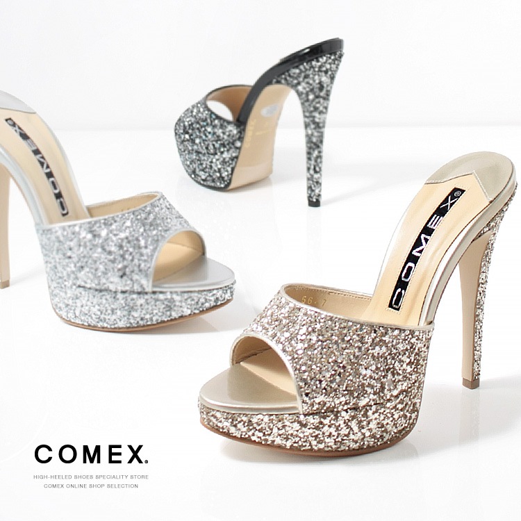 COMEX ミュール サンダル ハイヒール 日本製 本革 グリッターラメ シルバー ブラック ベージュ 5647