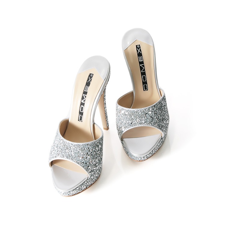 COMEX ミュール サンダル ハイヒール 日本製 本革 グリッターラメ シルバー ブラック ベージュ 5647