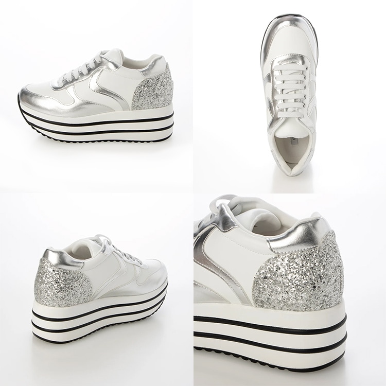 厚底 スニーカー 2025新作 6cmヒール レースアップ  ラメ フラット ゴムひも 紐靴 EVOL 5504