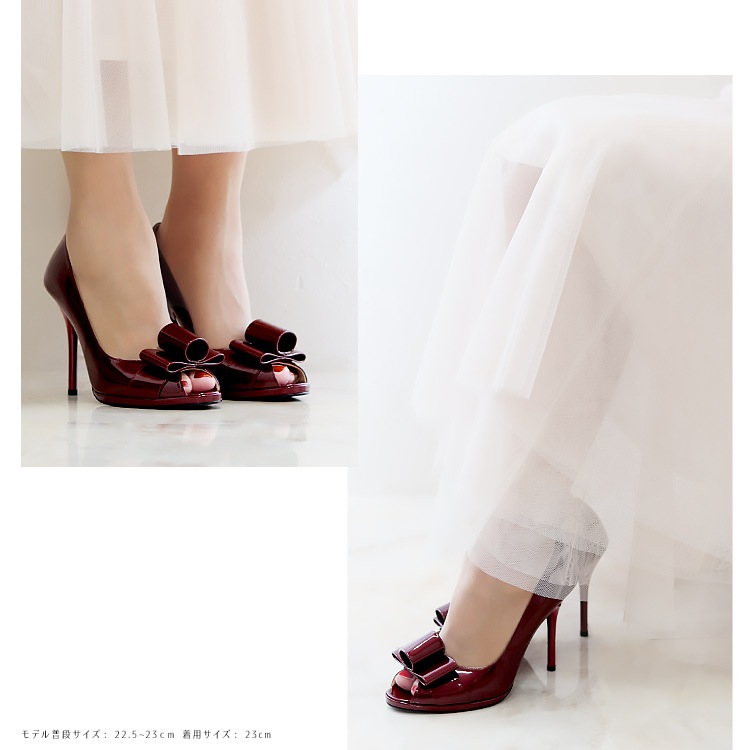 コメックス パンプス 日本製 本革 ハイヒール オープントゥ リボン ヒール10cm ピンヒール エナメル 5459