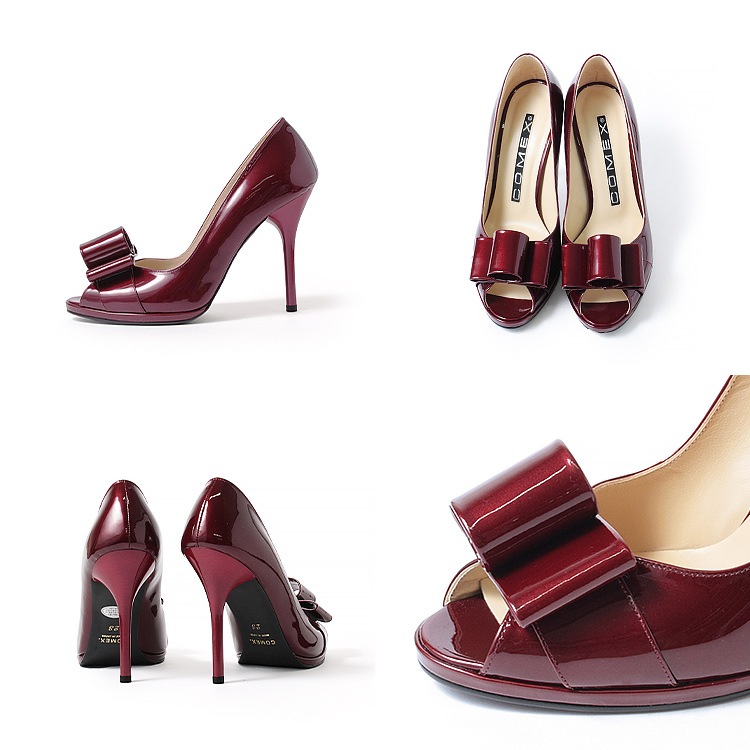 コメックス パンプス 日本製 本革 ハイヒール オープントゥ リボン ヒール10cm ピンヒール エナメル 5459