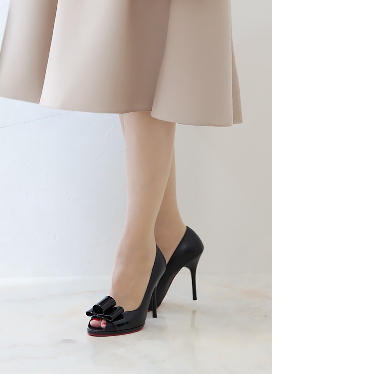 コメックス パンプス 日本製 本革 ハイヒール オープントゥ リボン ヒール10cm ピンヒール エナメル 5459