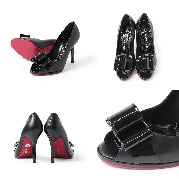 コメックス パンプス 日本製 本革 ハイヒール オープントゥ リボン ヒール10cm ピンヒール エナメル 5459