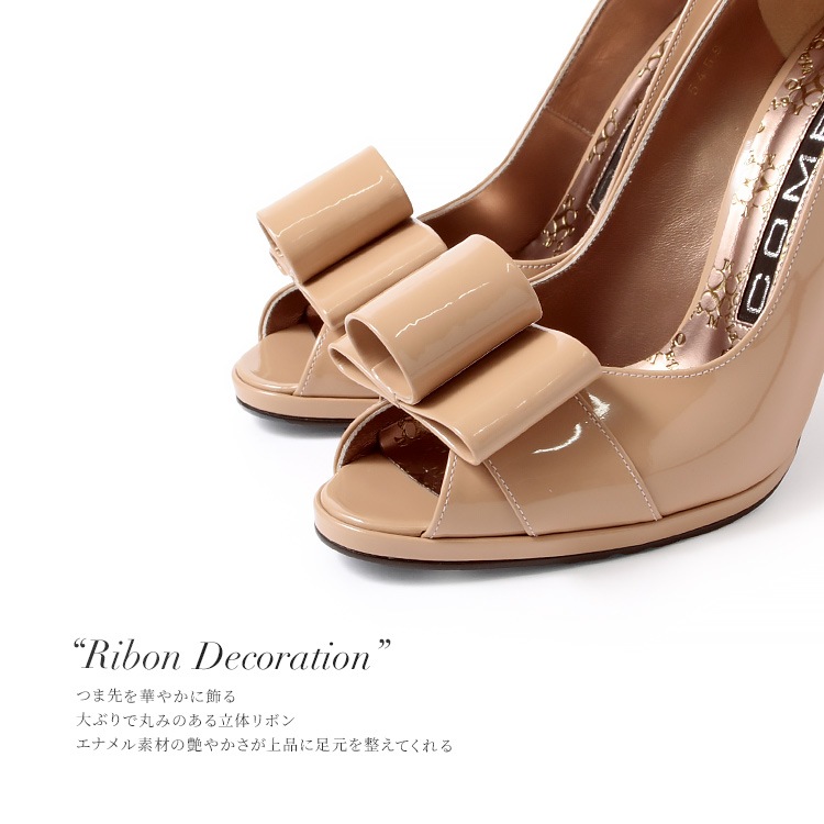 コメックス パンプス 日本製 本革 ハイヒール オープントゥ リボン ヒール10cm ピンヒール エナメル 5459