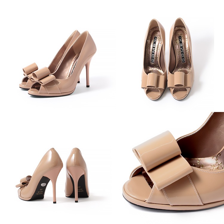 コメックス パンプス 日本製 本革 ハイヒール オープントゥ リボン ヒール10cm ピンヒール エナメル 5459