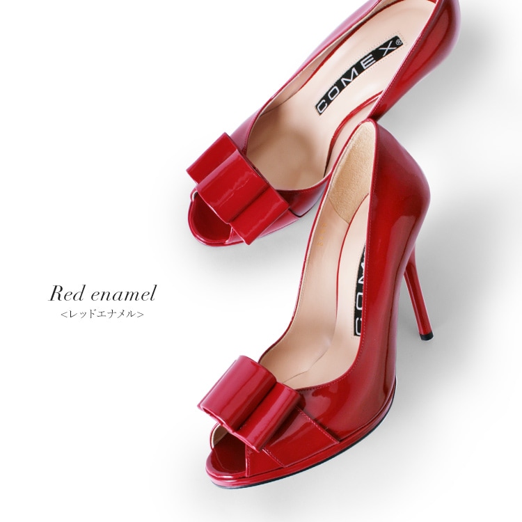 コメックス パンプス 日本製 本革 ハイヒール オープントゥ リボン ヒール10cm ピンヒール エナメル 5459