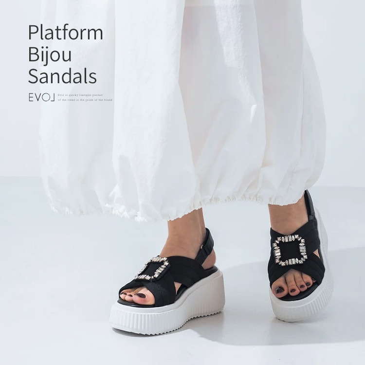 サンダル ビジュー バックル バックベルト 厚底 フラット 2025新作 8cmヒール スポサン イーボル 5609