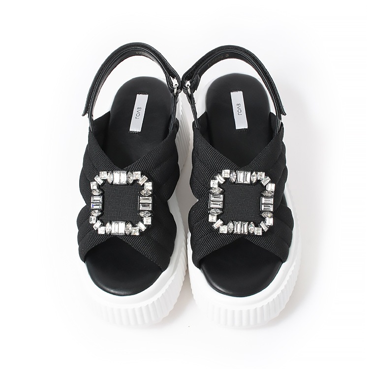 サンダル ビジュー バックル バックベルト 厚底 フラット 2025新作 8cmヒール スポサン イーボル 5609