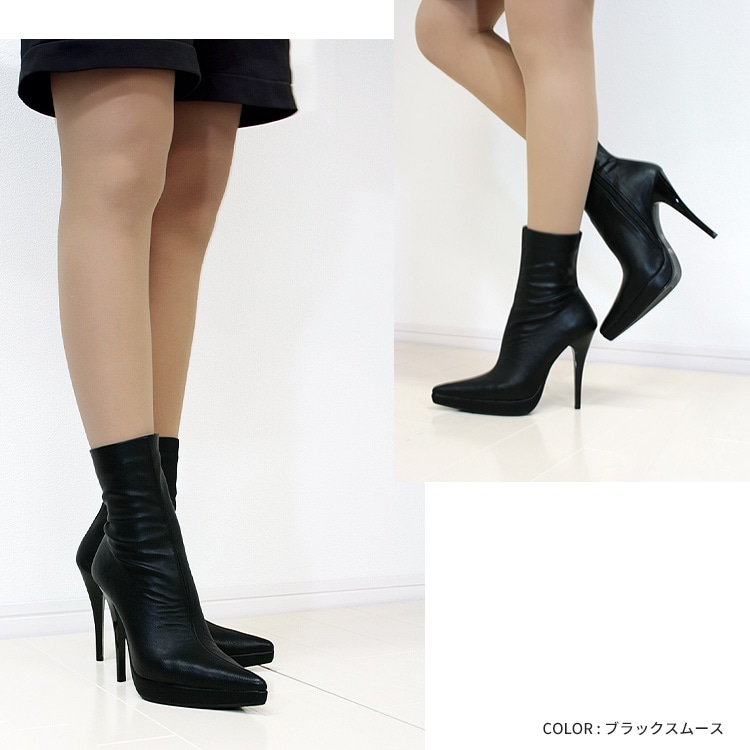 【SALE】 プラチナドゥ Platino deux ブーツ ショートブーツ ピンヒール 12cmヒール レディース 美脚 ストレッチ 厚底 プラットフォーム ブラック 2395
