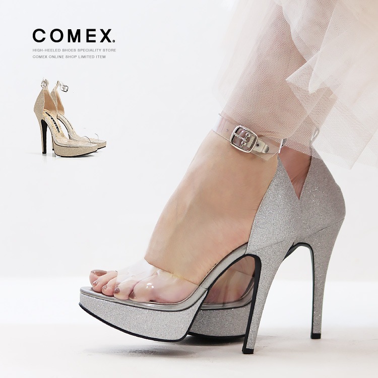 コメックス クリアサンダル ラメ 13cmヒール アンクルストラップ 厚底 日本製 ハイヒール COMEX 5740