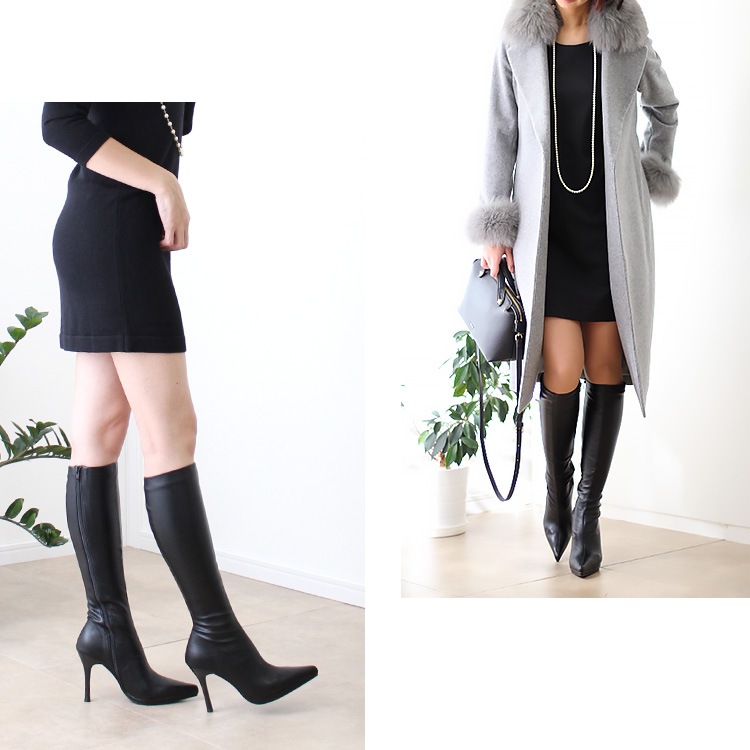 【SALE】 プラチナドゥ ロングブーツ ハイヒール ポインテッドトゥ 10cmヒール 美脚 ピンヒール 厚底 ブーツ Platino deux 黒 9207