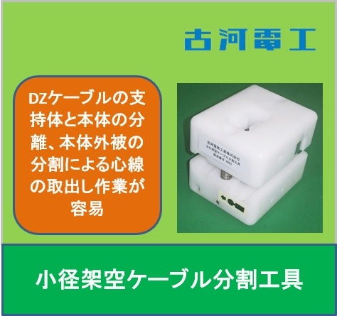 DZケーブルの支持体と本体の分離、および、本体外被の分割による心線の取出し作業が容易 少心架空ケーブル分割工具 古河電工