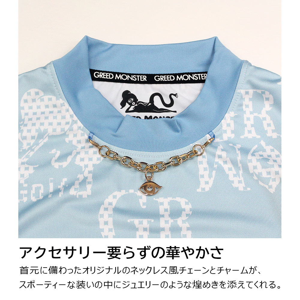 【GREED MONSTER】チェック風総柄ロゴチェーンネック半袖モックネック