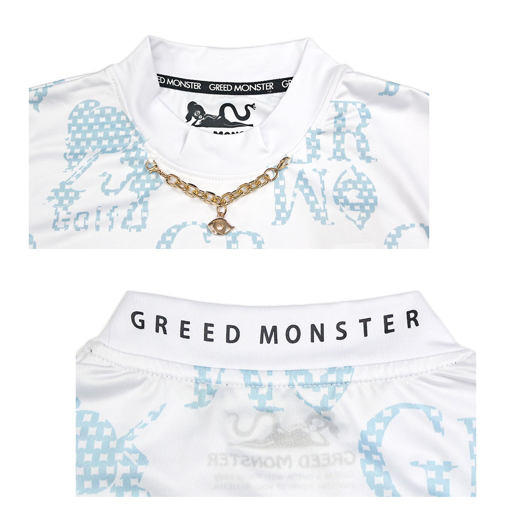 【GREED MONSTER】チェック風総柄ロゴチェーンネック半袖モックネック