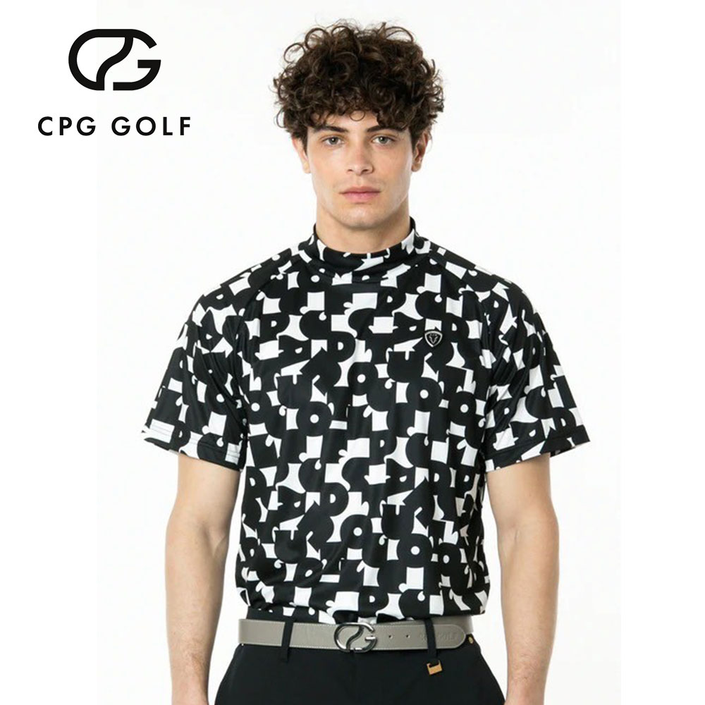 70’S調タイポグラフィプリントモックネックSS　BLACK【CPG GOLF】