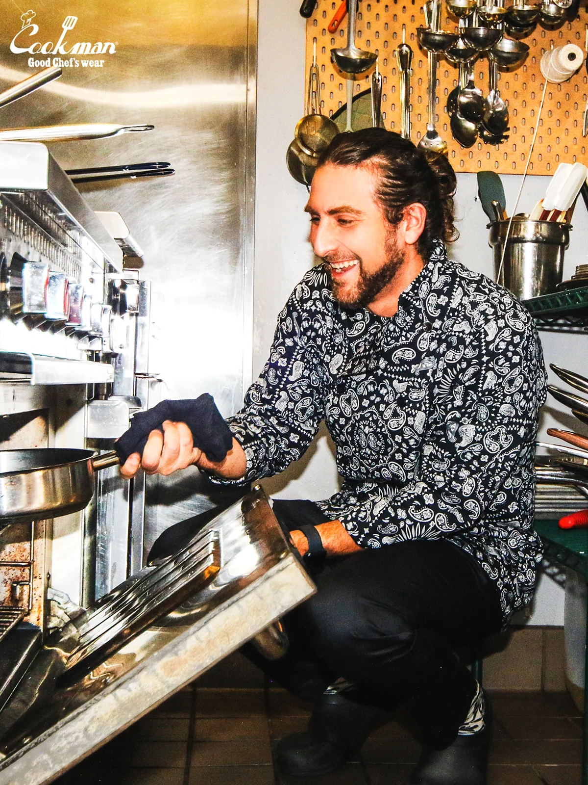 �����ե����� Chef Coat Long Sleeve Vented Paisley Black