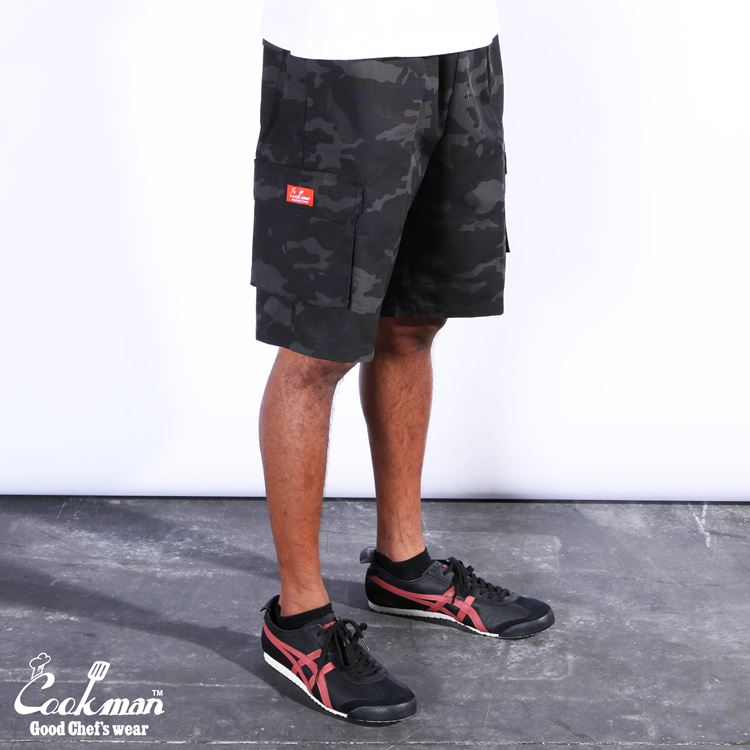 եѥ Chef Pants Short Cargo Ripstop Woodland Camo Black