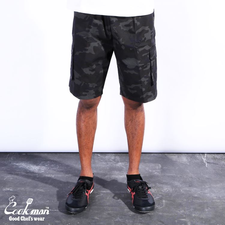 եѥ Chef Pants Short Cargo Ripstop Woodland Camo Black