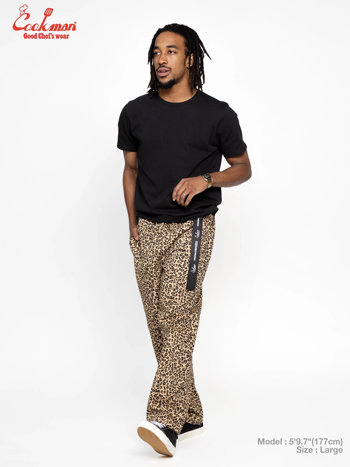�����եѥ�� Chef Pants Semiwide Black Belt Vision Leopard Beige