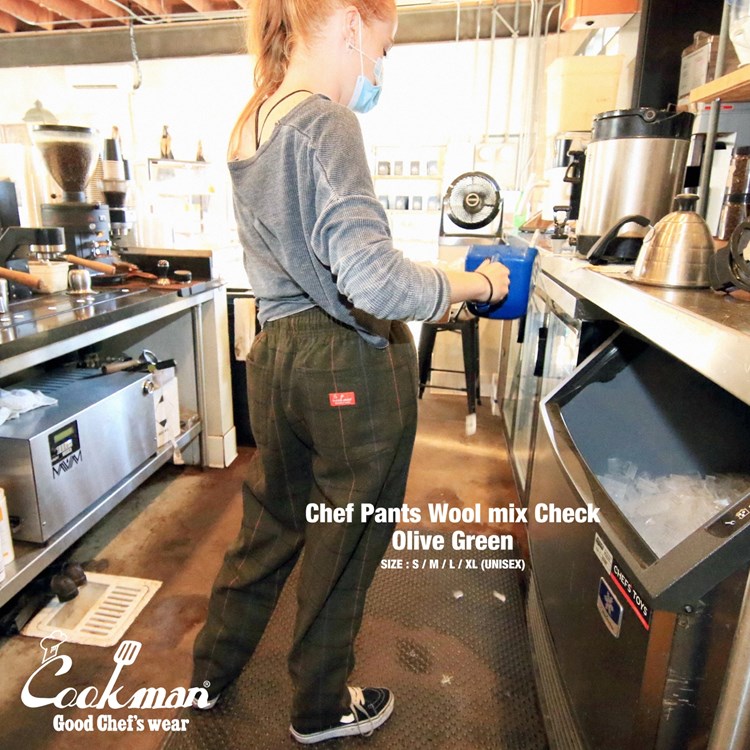 եѥ Chef Pants Wool Mix Check Olive Green