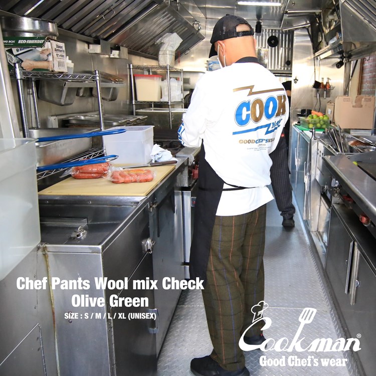 եѥ Chef Pants Wool Mix Check Olive Green