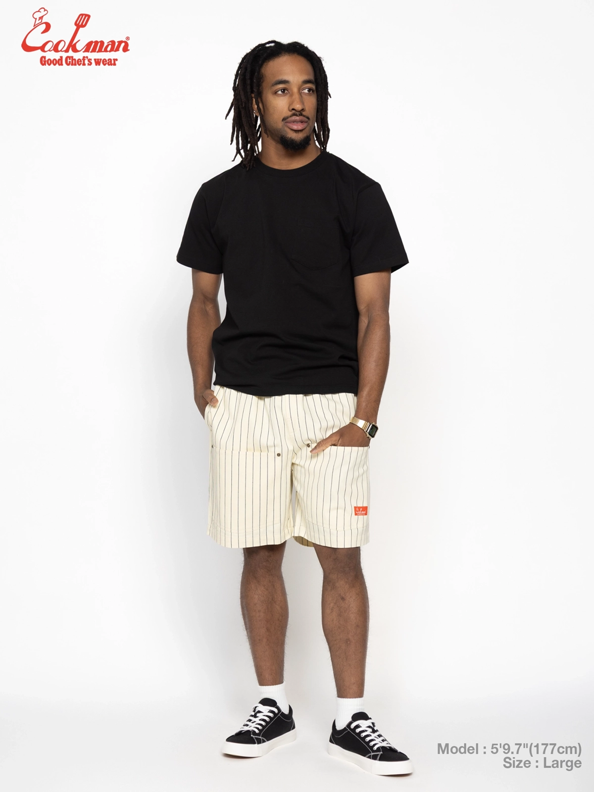 �����եѥ�� Chef Pants Short Front Pocket Herringbone Stripe Cream