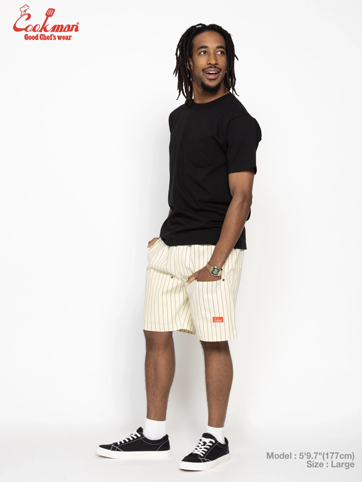�����եѥ�� Chef Pants Short Front Pocket Herringbone Stripe Cream