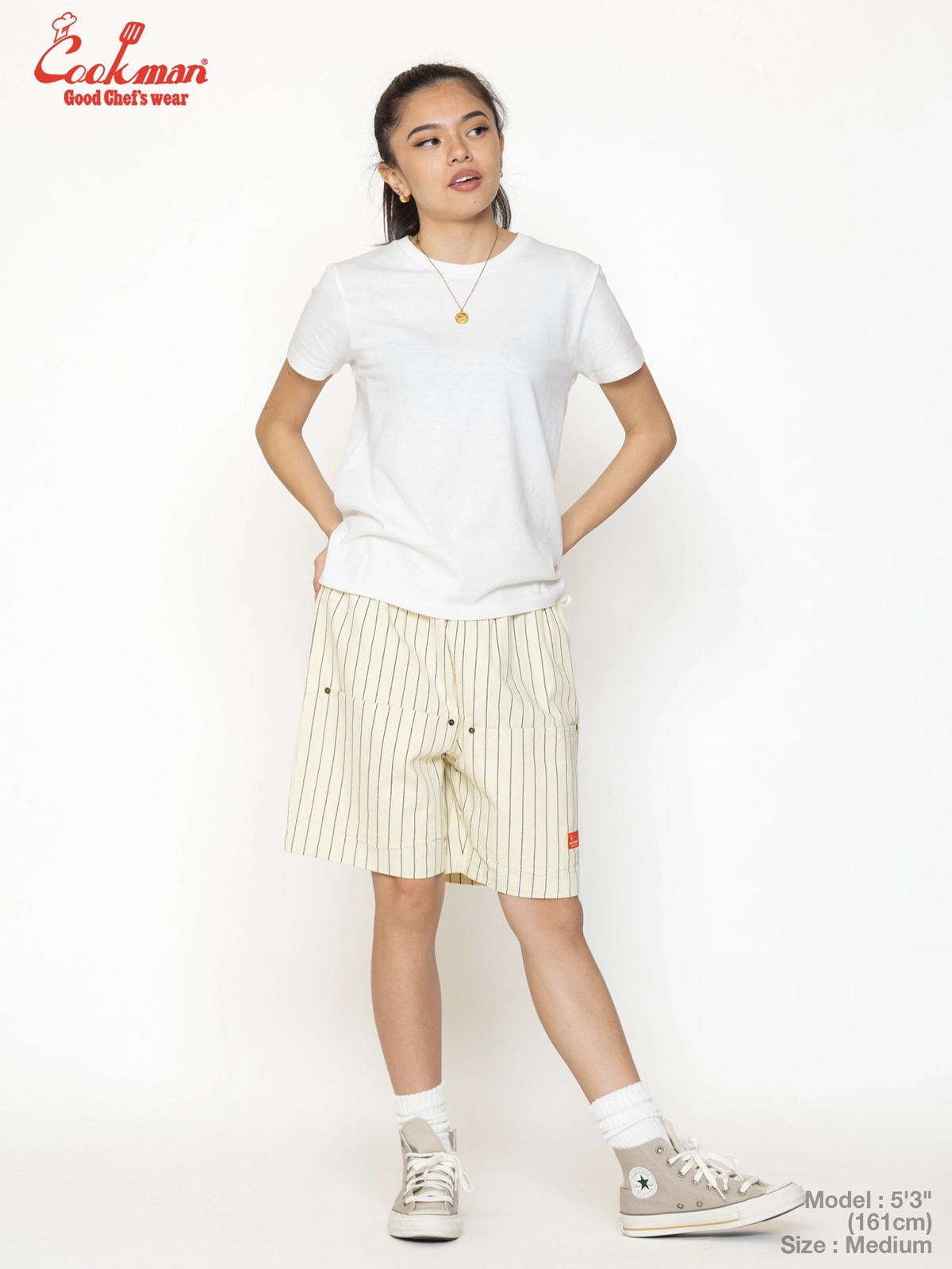 �����եѥ�� Chef Pants Short Front Pocket Herringbone Stripe Cream