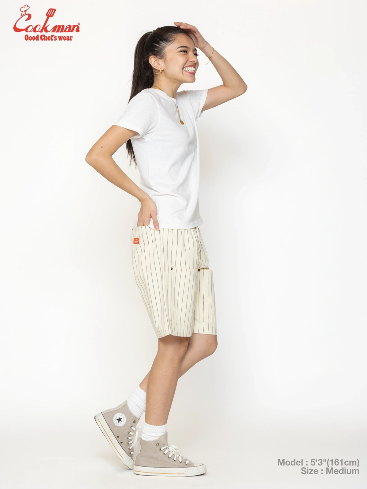 �����եѥ�� Chef Pants Short Front Pocket Herringbone Stripe Cream